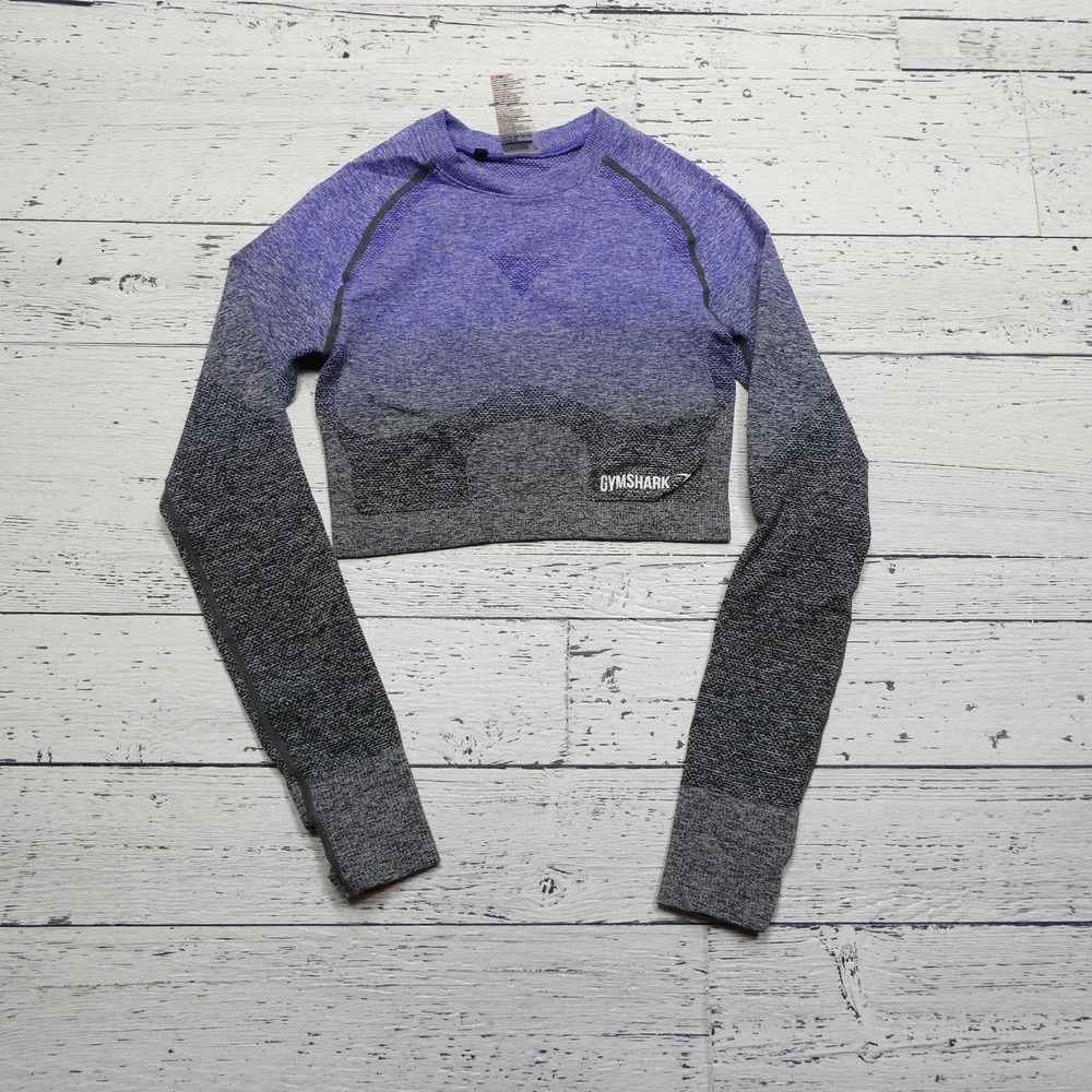 Gymshark Crop Top‎ Womens Small Purple Gray Long Sleeve Seamless Thumbholes Yoga